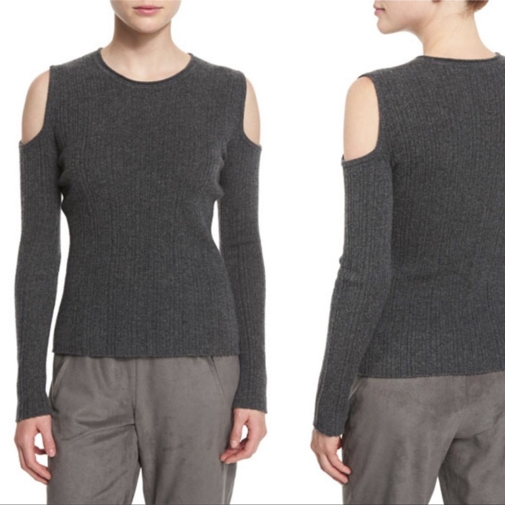 ELIE TAHARI Marlah Ribbed Wool Cashmere Cold Shoulder Gray Sweater XS